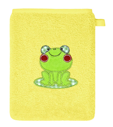 2er Set Baby Waschhandschuhe bestickt mit Frosch - Gelb 15x21 cm