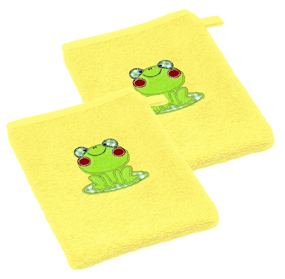 2er Set Baby Waschhandschuhe bestickt mit Frosch - Gelb 15x21 cm