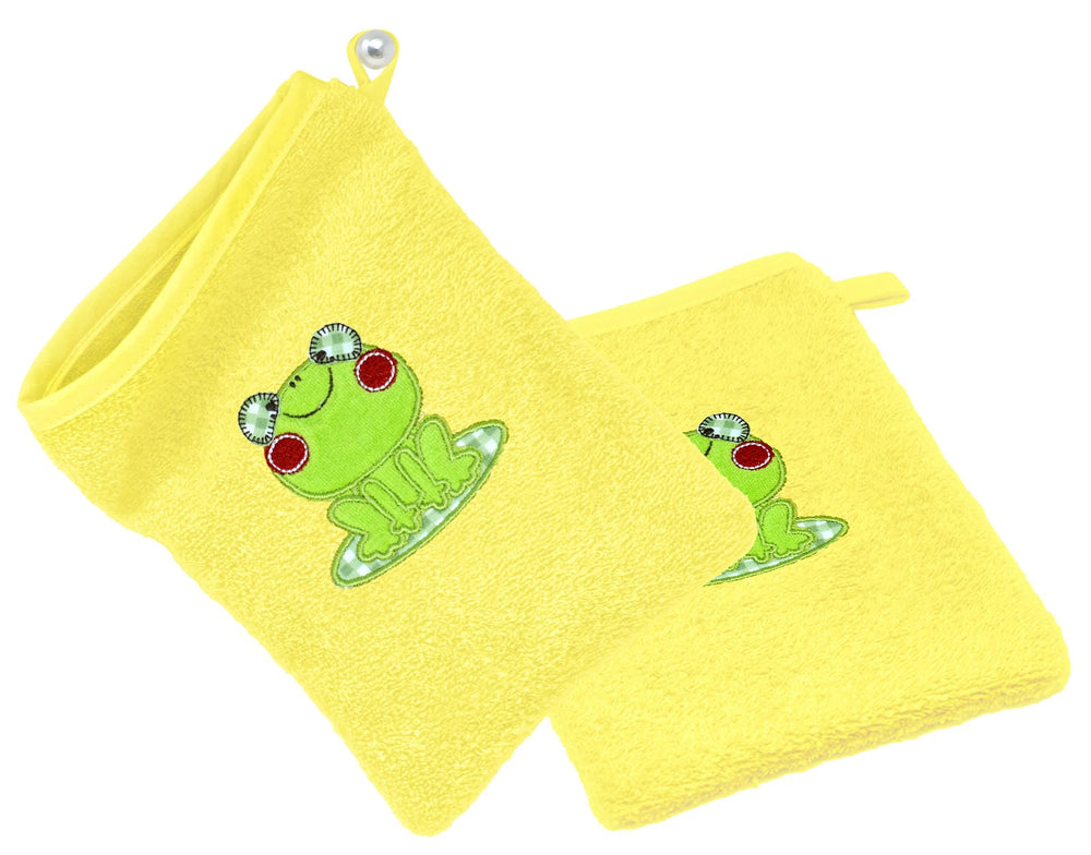 2er Set Baby Waschhandschuhe bestickt mit Frosch - Gelb 15x21 cm