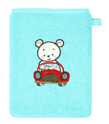 2er Set Baby Waschhandschuhe bestickt mit Auto - Blau 15x21 cm