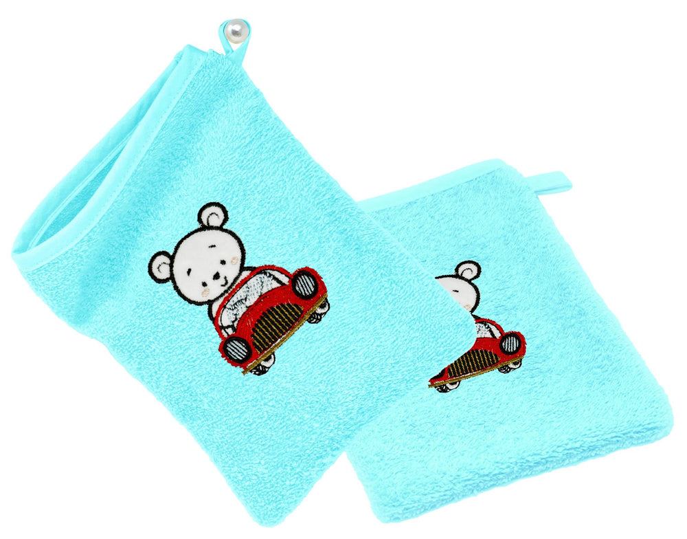 2er Set Baby Waschhandschuhe bestickt mit Auto - Blau 15x21 cm