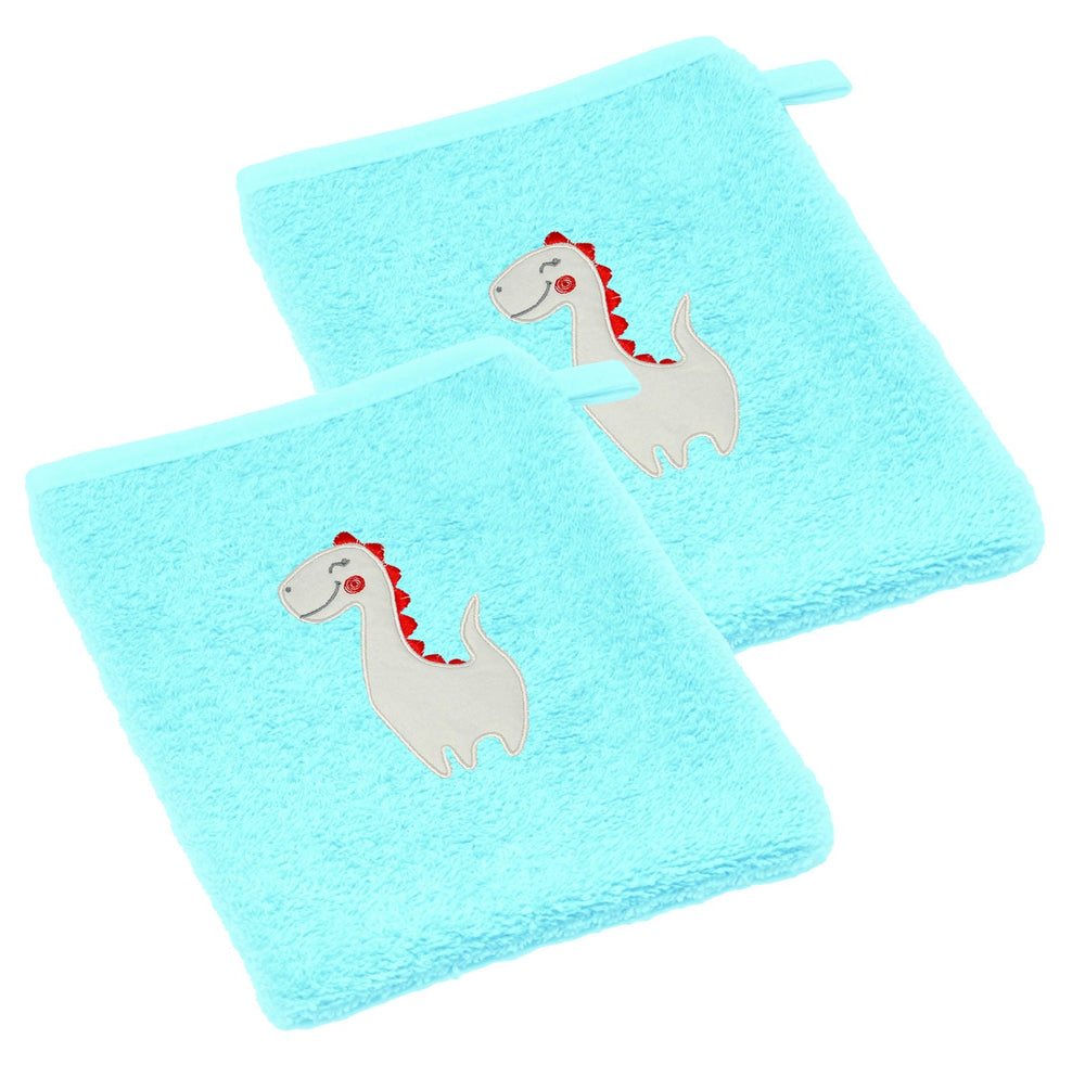 2er Set Baby Waschhandschuhe bestickt mit Dinosaurier - Blau 15x21 cm