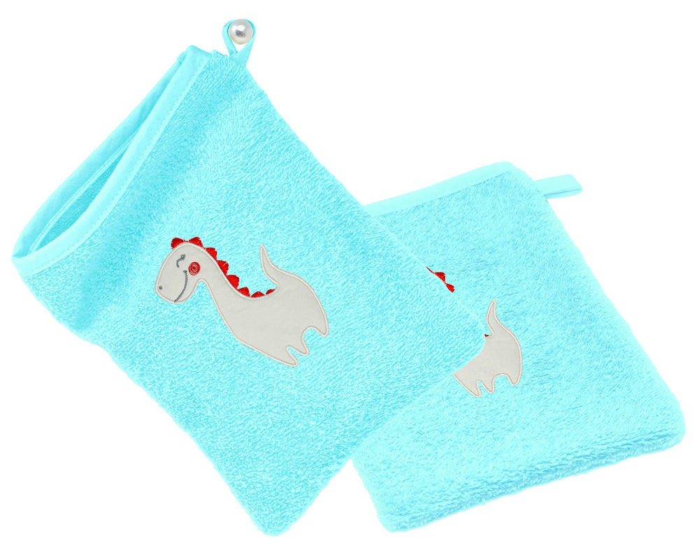 2er Set Baby Waschhandschuhe bestickt mit Dinosaurier - Blau 15x21 cm