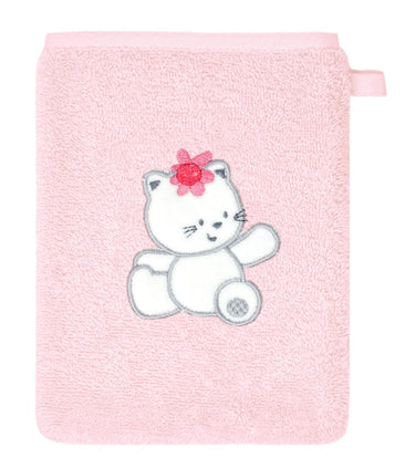 2er Set Baby Waschhandschuhe bestickt mit Katze - Rosa 15x21 cm