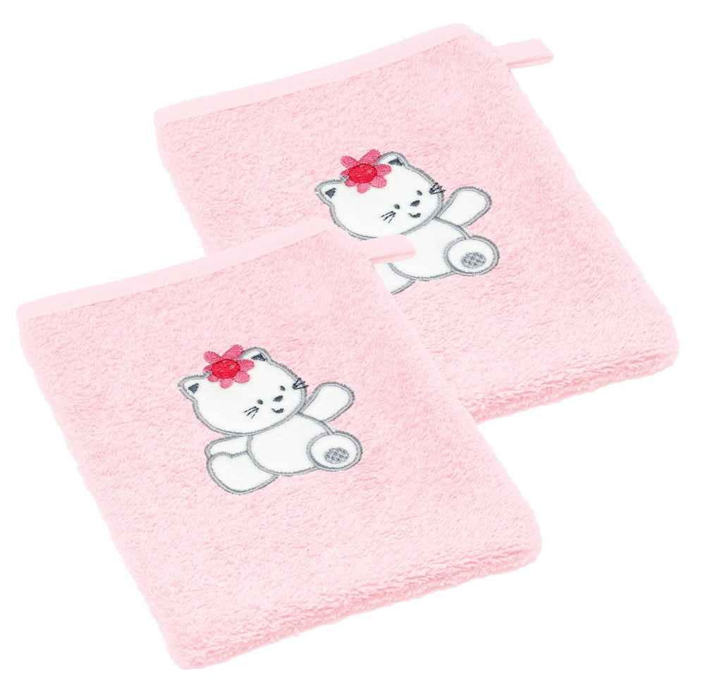2er Set Baby Waschhandschuhe bestickt mit Katze - Rosa 15x21 cm