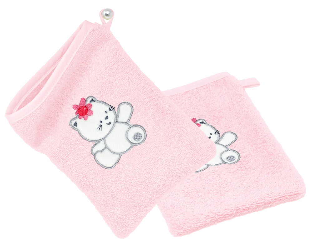 2er Set Baby Waschhandschuhe bestickt mit Katze - Rosa 15x21 cm