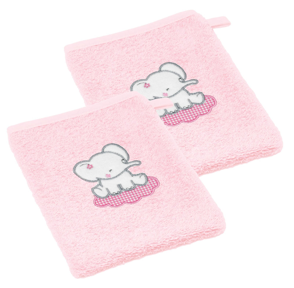2er Set Baby Waschhandschuhe bestickt mit Elefant - Rosa 15x21 cm