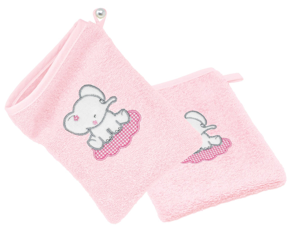 2er Set Baby Waschhandschuhe bestickt mit Elefant - Rosa 15x21 cm