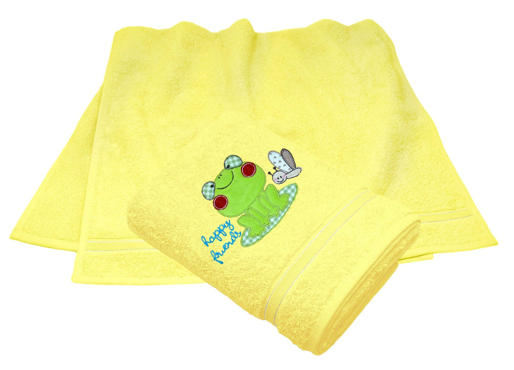 2er Set Kinderhandtücher bestickt mit Frosch - Gelb 50x90 cm