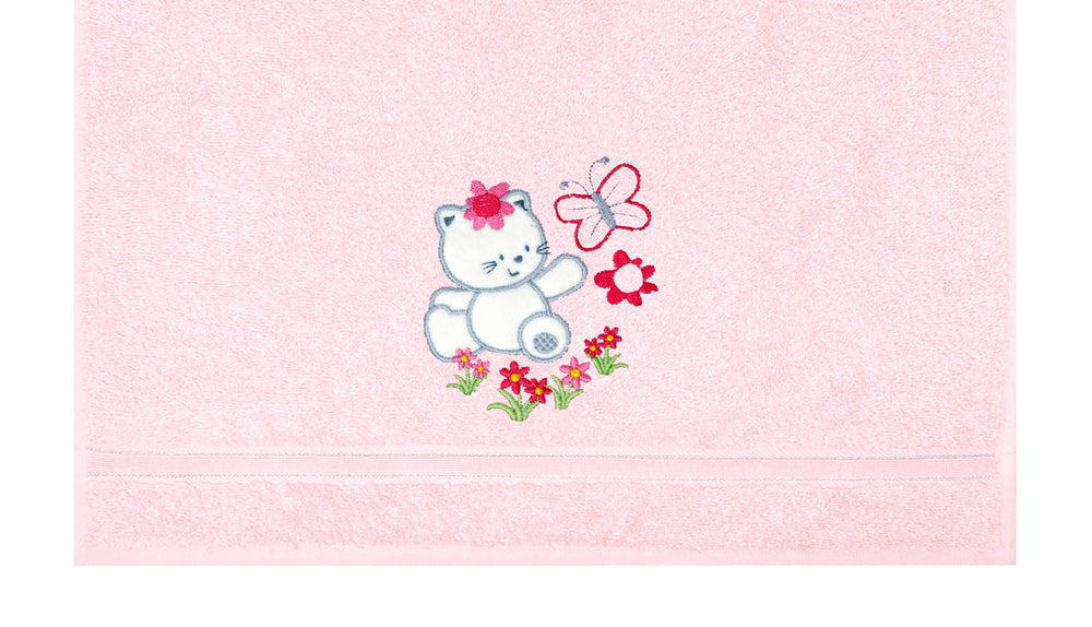 2er Set Kinderhandtücher bestickt mit Katze - Rosa 50x90 cm