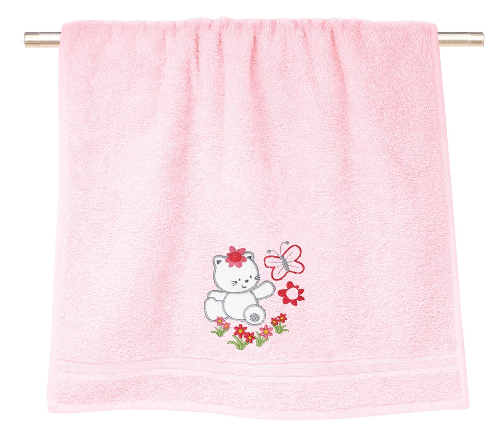 2er Set Kinderhandtücher bestickt mit Katze - Rosa 50x90 cm