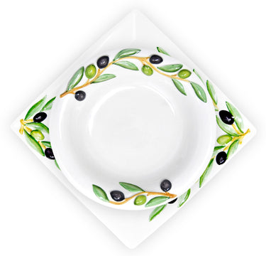 2er Set Kombiservice Olive, Tiefer Suppenteller 23 cm und Servierplatte 27 x 27 cm, Handgemachtes Geschirrset aus Italienischer Keramik