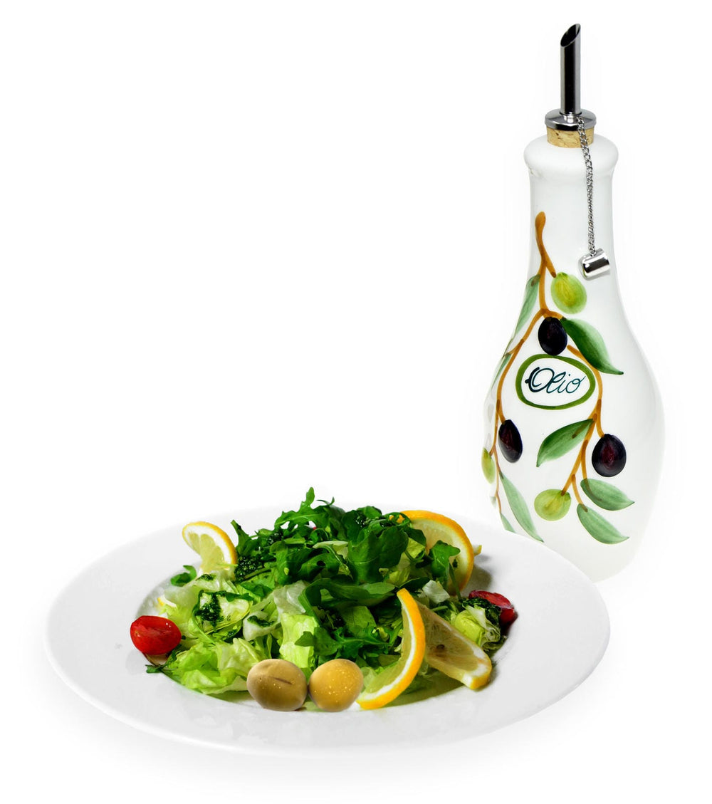 Handgemachte Ölflasche mit Ausgießer 500 ml im Olivendesign aus Italienischer Keramik, Größe 23 cm