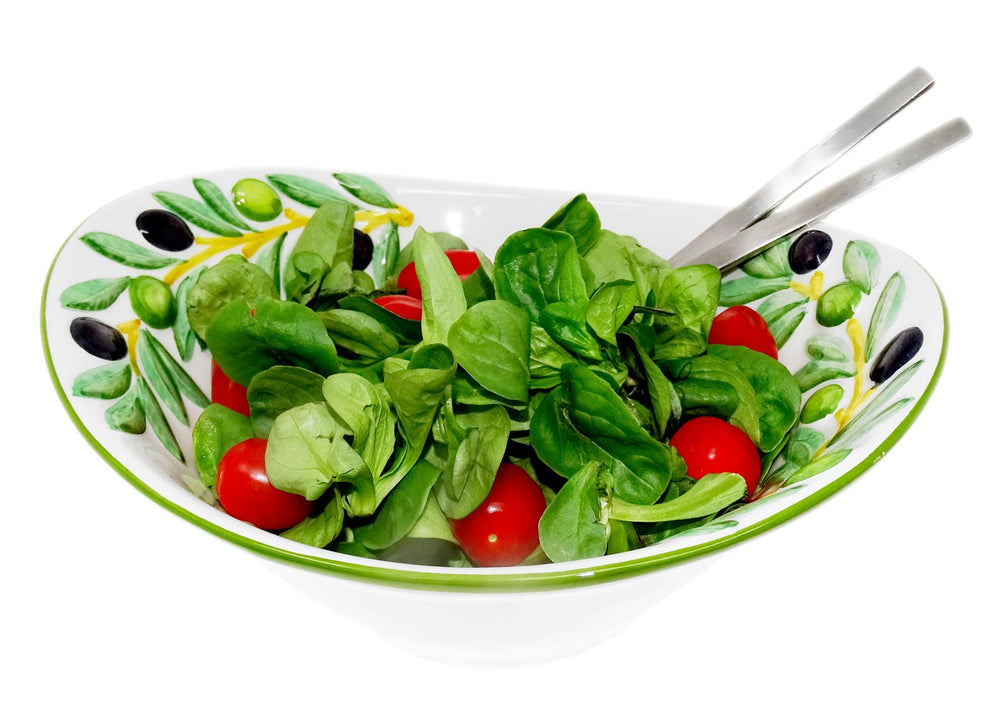 Handgemachte Italienische Keramikschale im Olivendesign, Ovale Salatschüssel Keramik 25x21x8,5 cm