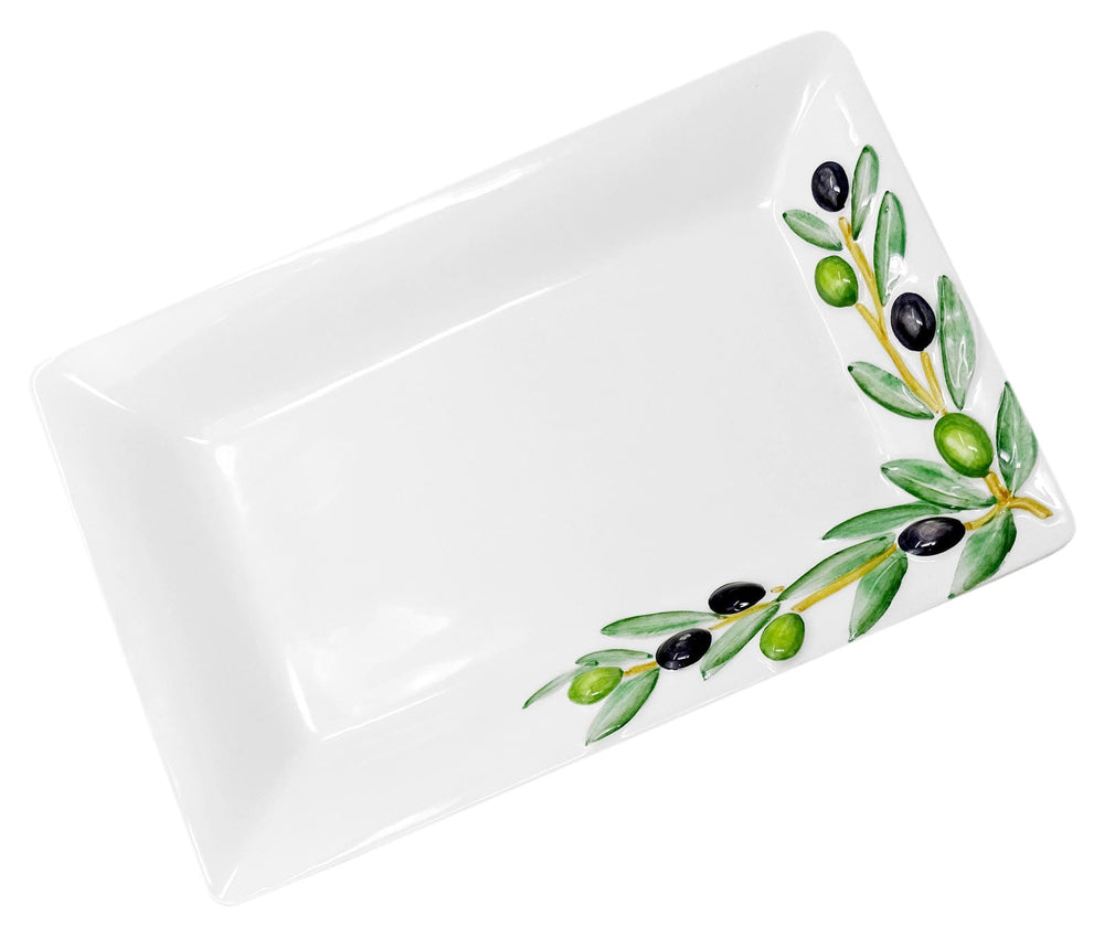 Handgemachte, Rechteckige Servierplatte aus Italienischer Keramik, Fleischplatte im Olivendesign, Servierteller 32x20 cm