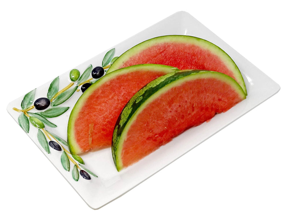Handgemachte, Rechteckige Servierplatte aus Italienischer Keramik, Fleischplatte im Olivendesign, Servierteller 32x20 cm