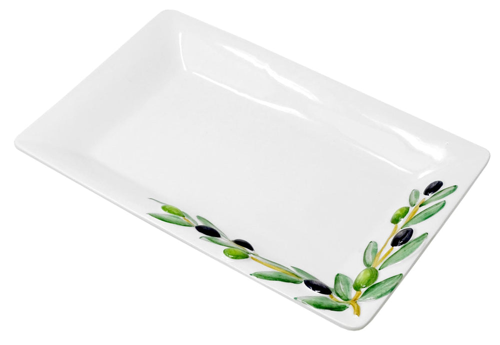 Handgemachte, Rechteckige Servierplatte aus Italienischer Keramik, Fleischplatte im Olivendesign, Servierteller 32x20 cm