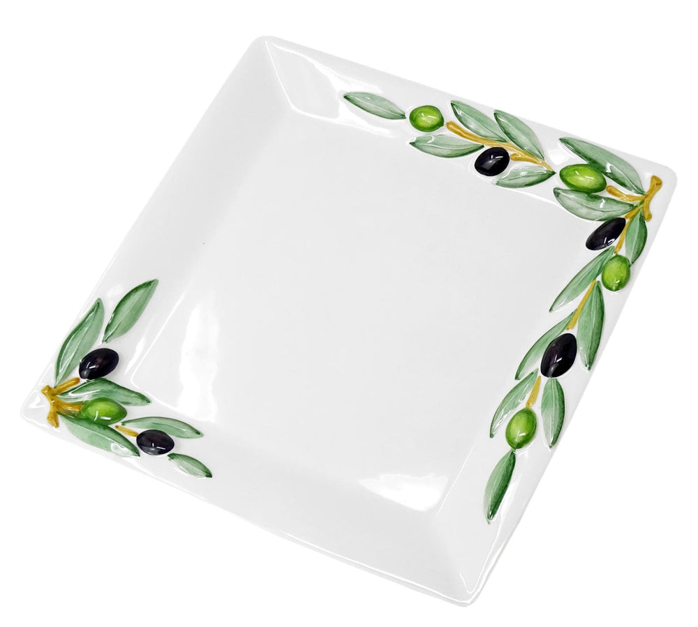 Handgemachte Servierplatte aus Italienischer Keramik, Fleisch Platte im Oliven Design, Servierteller eckig 27x27 cm