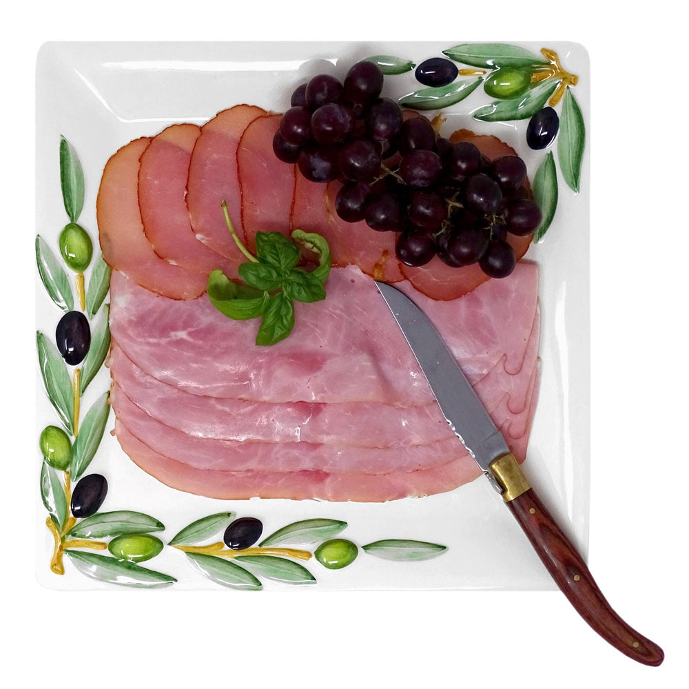 Handgemachte Servierplatte aus Italienischer Keramik, Fleisch Platte im Oliven Design, Servierteller eckig 27x27 cm