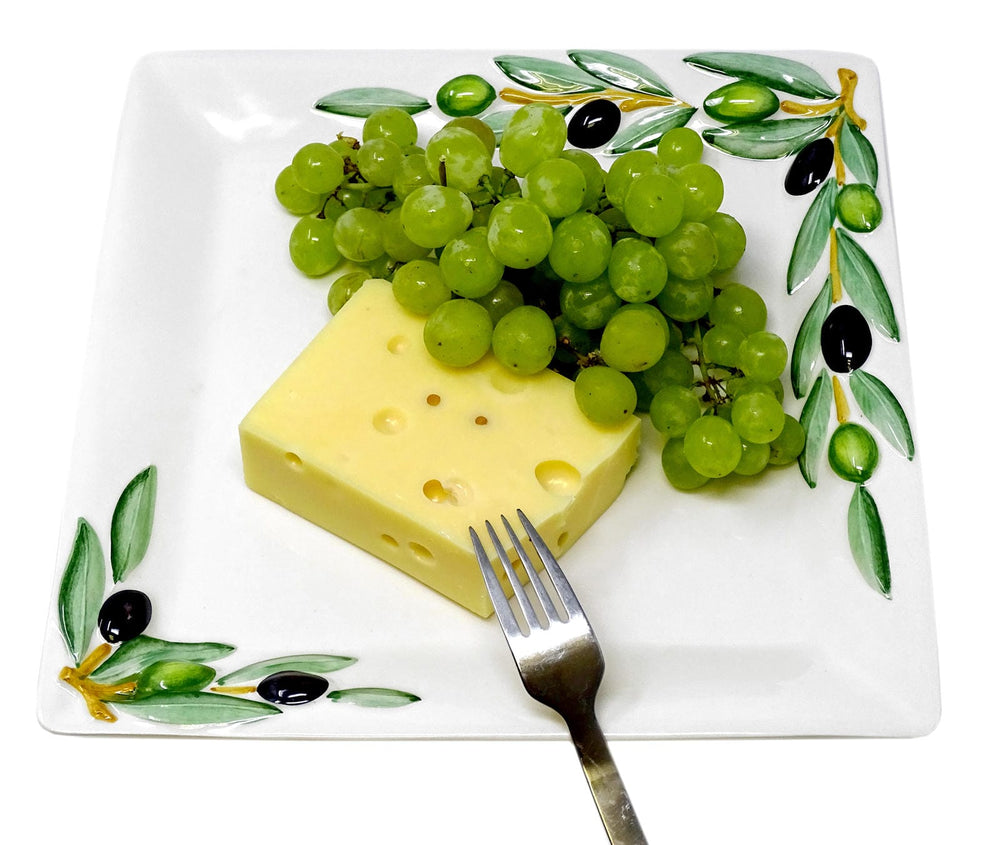 Handgemachte Servierplatte aus Italienischer Keramik, Fleisch Platte im Oliven Design, Servierteller eckig 27x27 cm