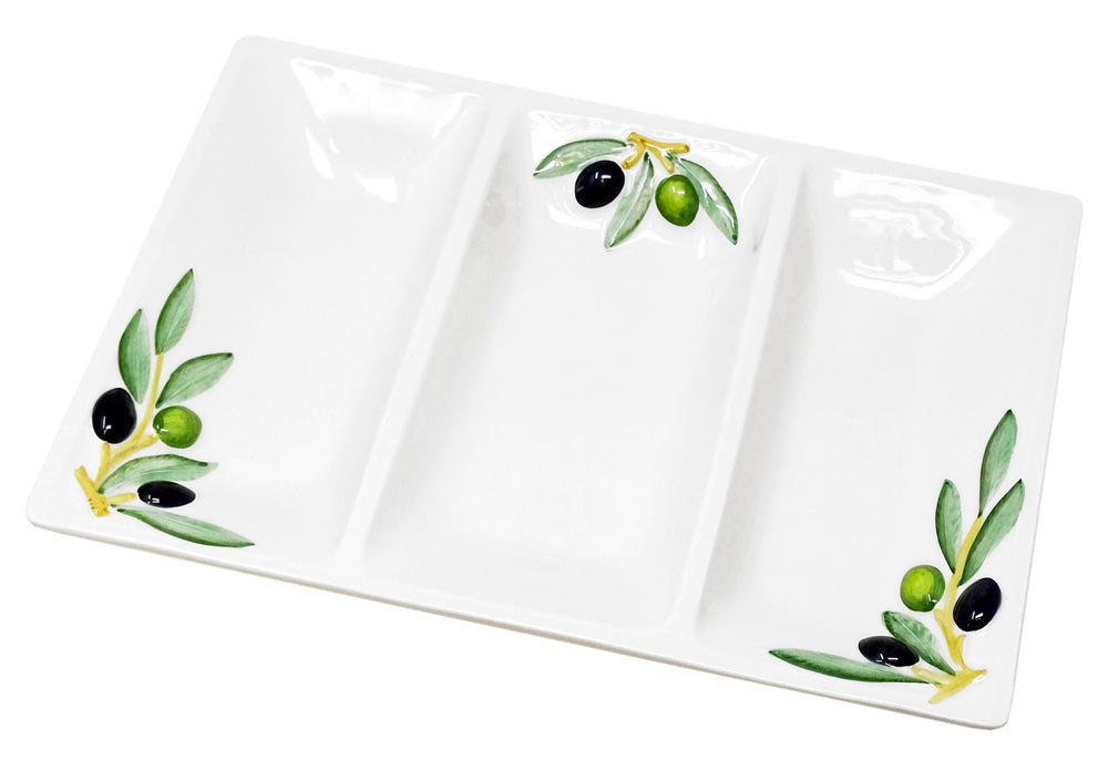 Handgemachte Rechteckige Servierplatte aus Italienischer Keramik im Olivendesign, Dreigeteilter Anrichteteller 31x21 cm