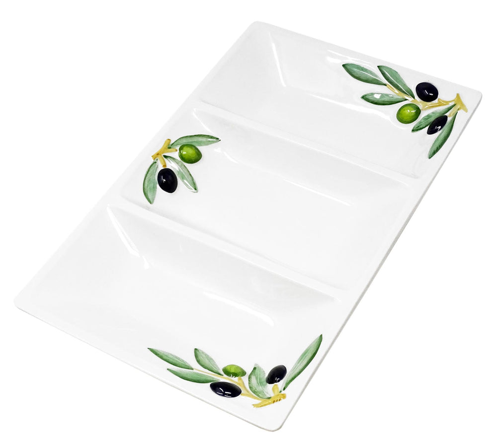 Handgemachte Rechteckige Servierplatte aus Italienischer Keramik im Olivendesign, Dreigeteilter Anrichteteller 31x21 cm