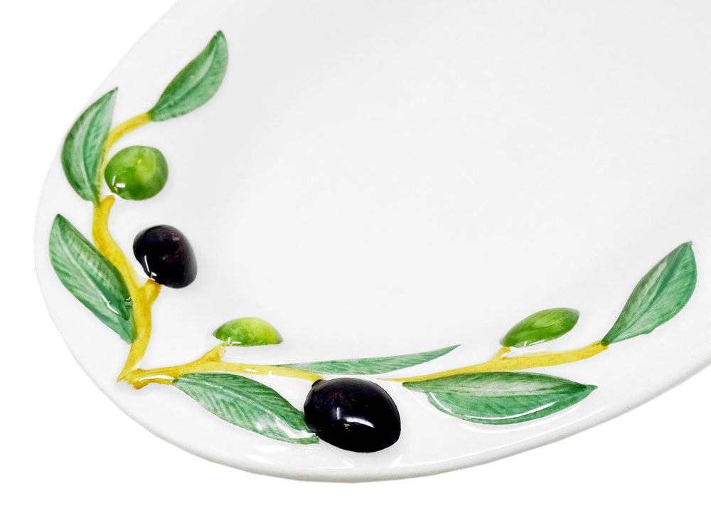 Handgemachte Ovale Servierplatte aus Italienischer Keramik im Olivendesign, Servierteller 32x19 cm