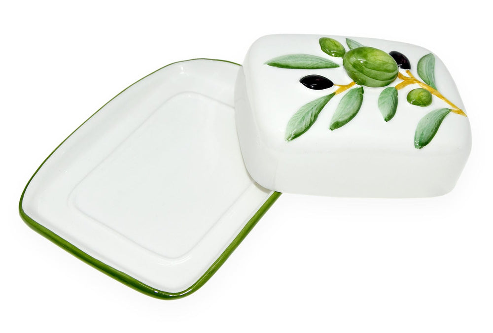 Handgemachte Butterdose aus Italienischer Keramik im Olivendesign, Butterschale Größe 18 x 14 cm