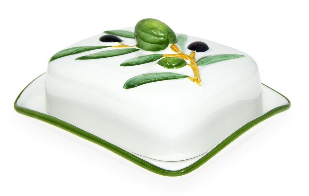 Handgemachte Butterdose aus Italienischer Keramik im Olivendesign, Butterschale Größe 18 x 14 cm