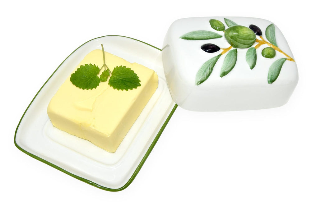 Handgemachte Butterdose aus Italienischer Keramik im Olivendesign, Butterschale Größe 18 x 14 cm