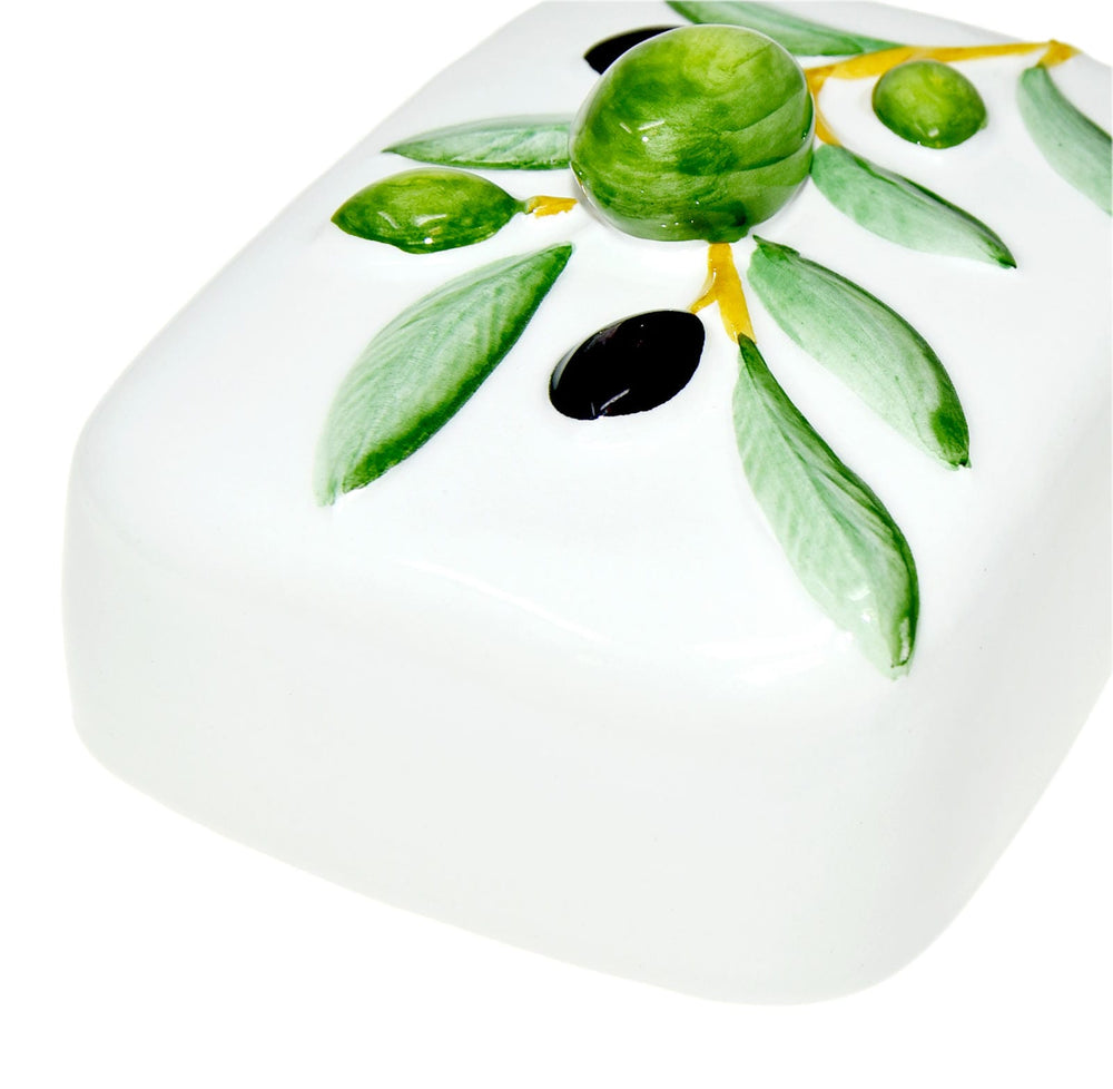 Handgemachte Butterdose aus Italienischer Keramik im Olivendesign, Butterschale Größe 18 x 14 cm