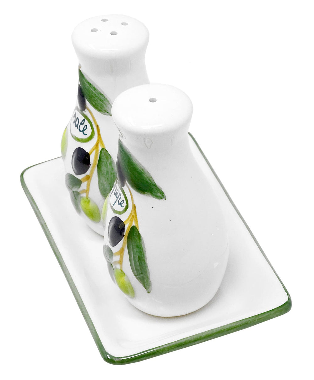 Handgemachter Salzstreuer und Pfefferstreuer aus Italienischer Keramik, 3-teilig im Olivendesign mit Tablett, Größe 14x8 cm