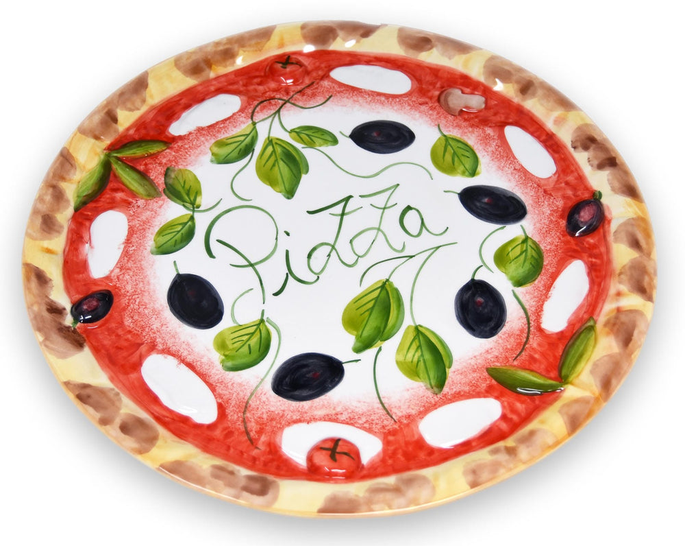 Handgemachter Pizzateller Olive aus Italienischer Keramik, Großer Teller Rund 33 cm