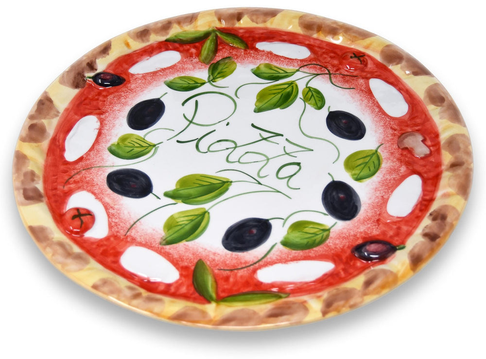 Handgemachter Pizzateller Olive aus Italienischer Keramik, Großer Teller Rund 33 cm