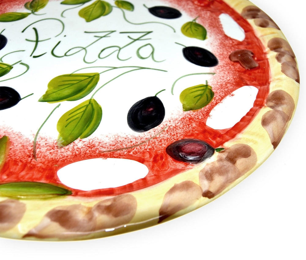Handgemachter Pizzateller Olive aus Italienischer Keramik, Großer Teller Rund 33 cm