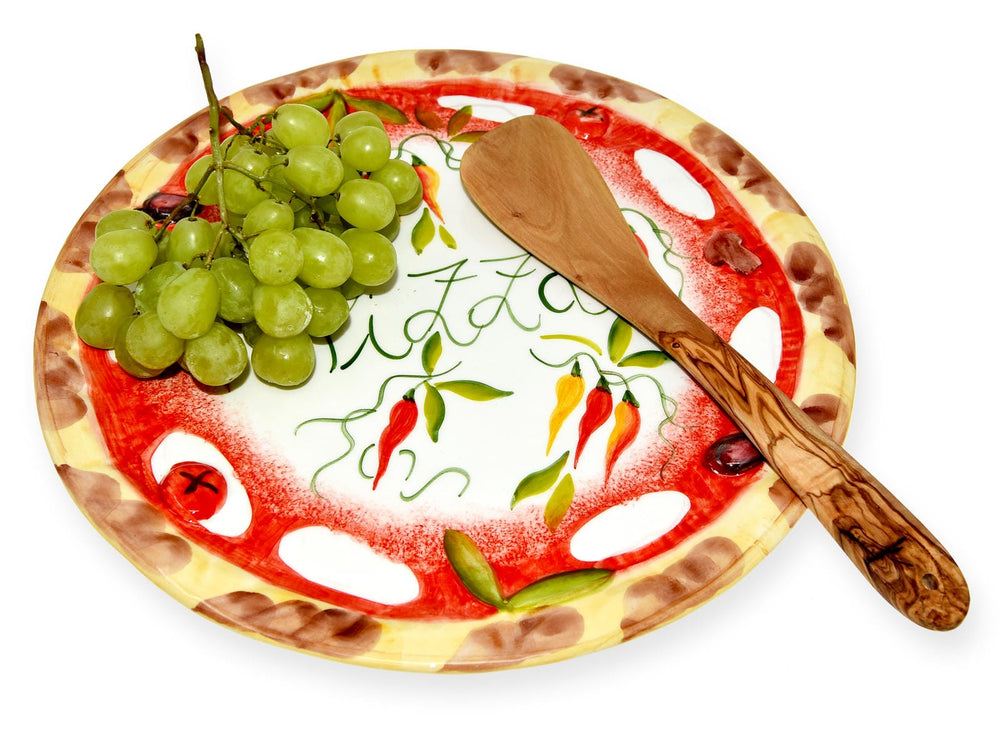 Handgemachter Pizzateller Paprika aus Italienischer Keramik, Großer Teller Rund 33 cm