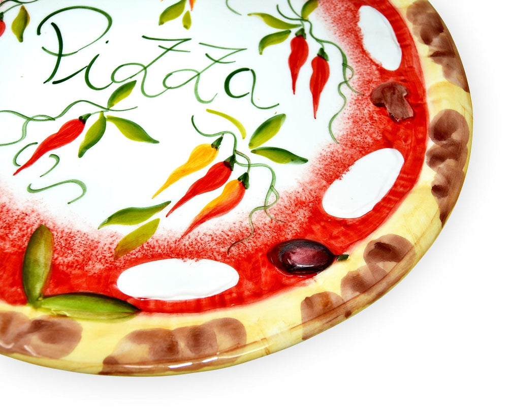 Handgemachter Pizzateller Paprika aus Italienischer Keramik, Großer Teller Rund 33 cm