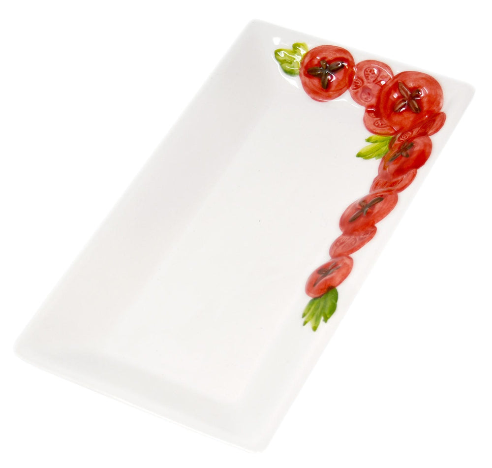 Handgemachte Rechteckige Servierplatte aus Italienischer Keramik im Tomatendesign, Servierteller 24x13 cm