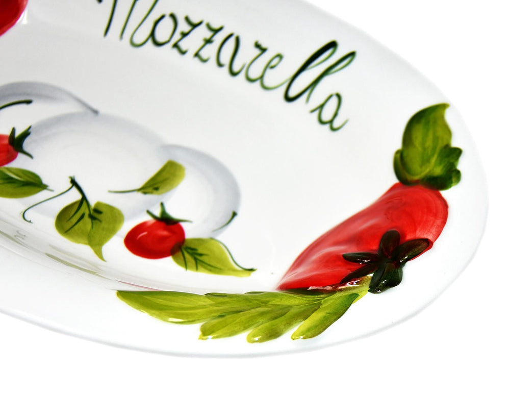 Handgemachte Ovale Servierplatte im Tomate Mozzarella Design aus Italienischer Keramik, Servierteller 31x20 cm, 3 cm tief