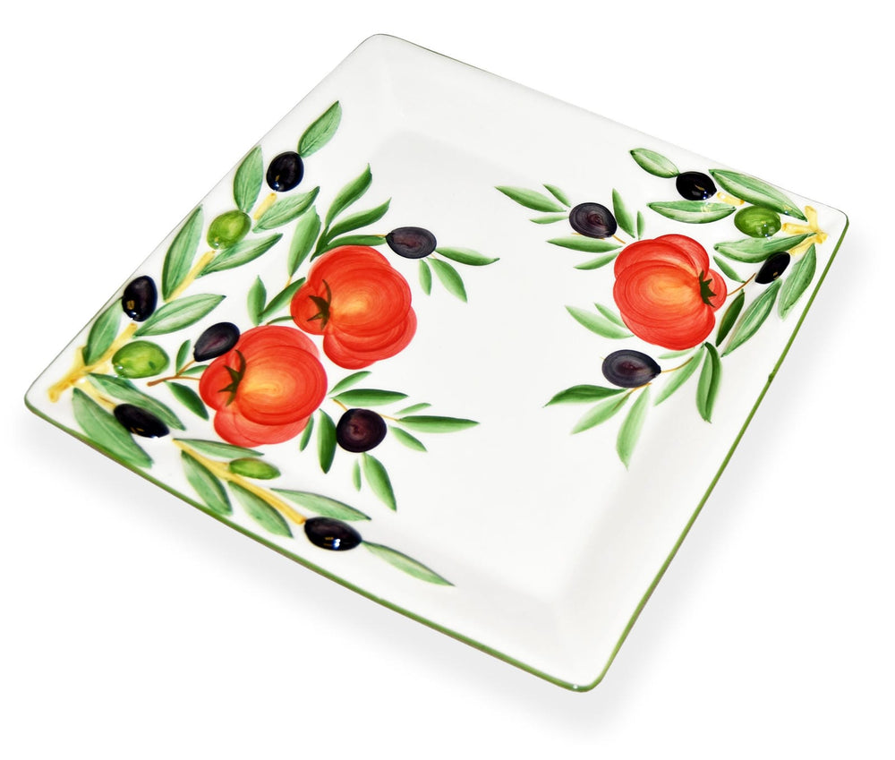 Eckige Aufschnittplatte Keramik, Handgemachter Servierteller 27x27 cm, Gourmetplatte Design: Tomate Olive