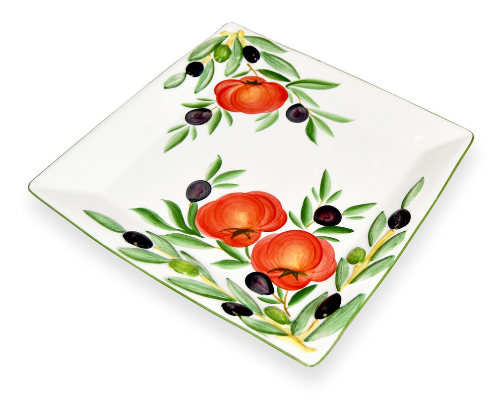 Eckige Aufschnittplatte Keramik, Handgemachter Servierteller 27x27 cm, Gourmetplatte Design: Tomate Olive