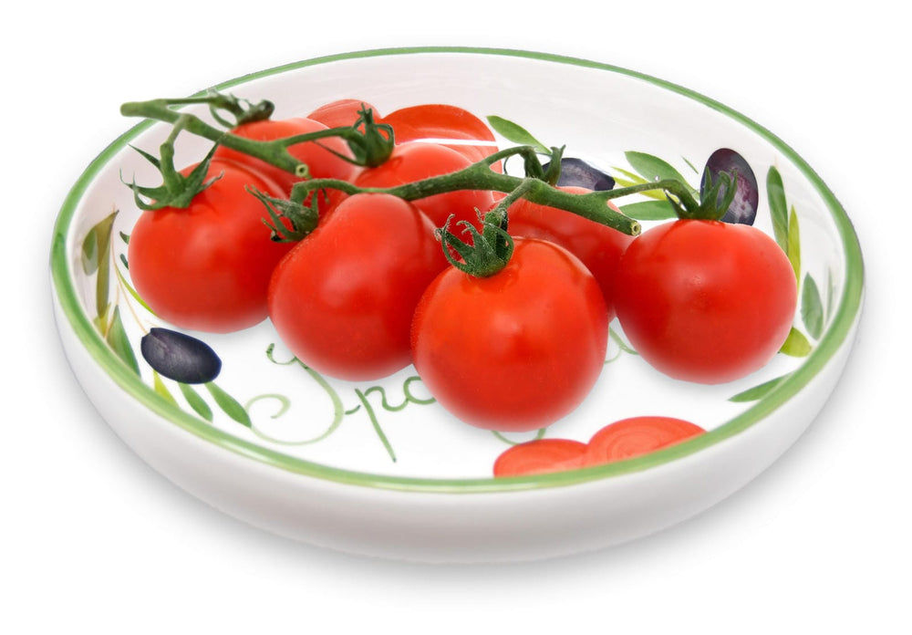 Flache Nudelschüssel aus Italienischer Keramik, Servierschale Tomaten - Oliven Design, Runde Pastaschüssel 22 cm, Tief 3 cm