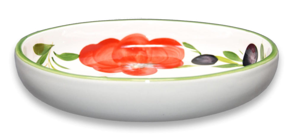 Flache Nudelschüssel aus Italienischer Keramik, Servierschale Tomaten - Oliven Design, Runde Pastaschüssel 22 cm, Tief 3 cm