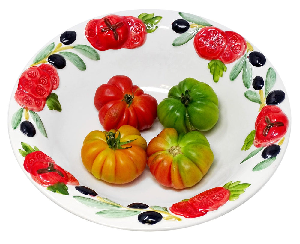 Handbemalte Servierschale Keramik, Relief Salatschüssel Tomate Olive, Italienische Pastaschale rund 27 cm Ø