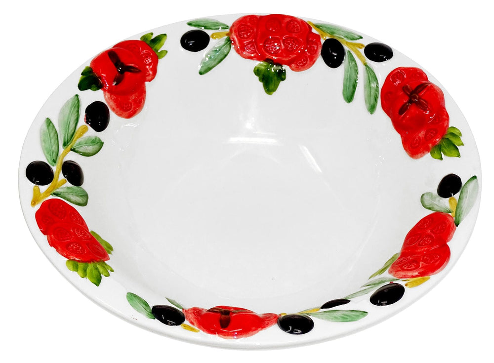 Handbemalte Servierschale Keramik, Relief Salatschüssel Tomate Olive, Italienische Pastaschale rund 27 cm Ø