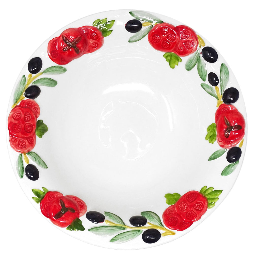 Handbemalte Servierschale Keramik, Relief Salatschüssel Tomate Olive, Italienische Pastaschale rund 27 cm Ø