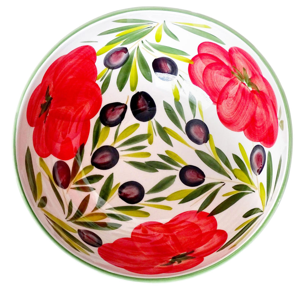 Servierschale rund 26 cm, Italienische Keramik Schüssel Tomate - Olive, Große Salatschale handgefertigt