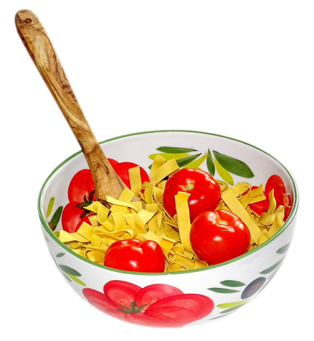 Servierschale rund 26 cm, Italienische Keramik Schüssel Tomate - Olive, Große Salatschale handgefertigt