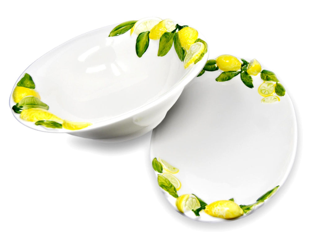 2er Set Kombiservice, Runde Salatschüssel 26 cm und Ovale Servierplatte 34 x 19 cm mit Zitronenrelief, Handgemachtes Keramik Geschirrset