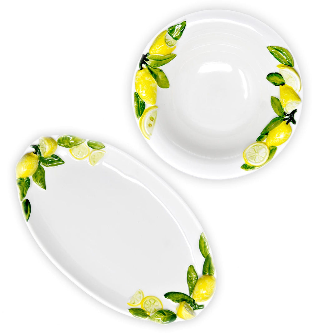 2er Set Kombiservice, Runde Salatschüssel 26 cm und Ovale Servierplatte 34 x 19 cm mit Zitronenrelief, Handgemachtes Keramik Geschirrset